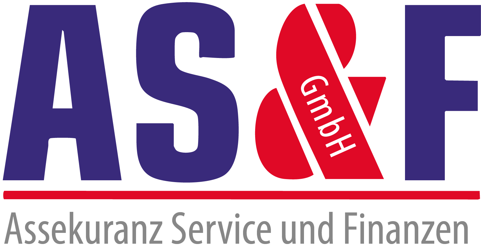 Logo mit großen blauen Buchstaben AS&F, einem roten Und-Zeichen, das den Text GmbH enthält. Darunter steht in grauer Schrift Assekuranz Service und Finanzen in roter Unterstreichung.